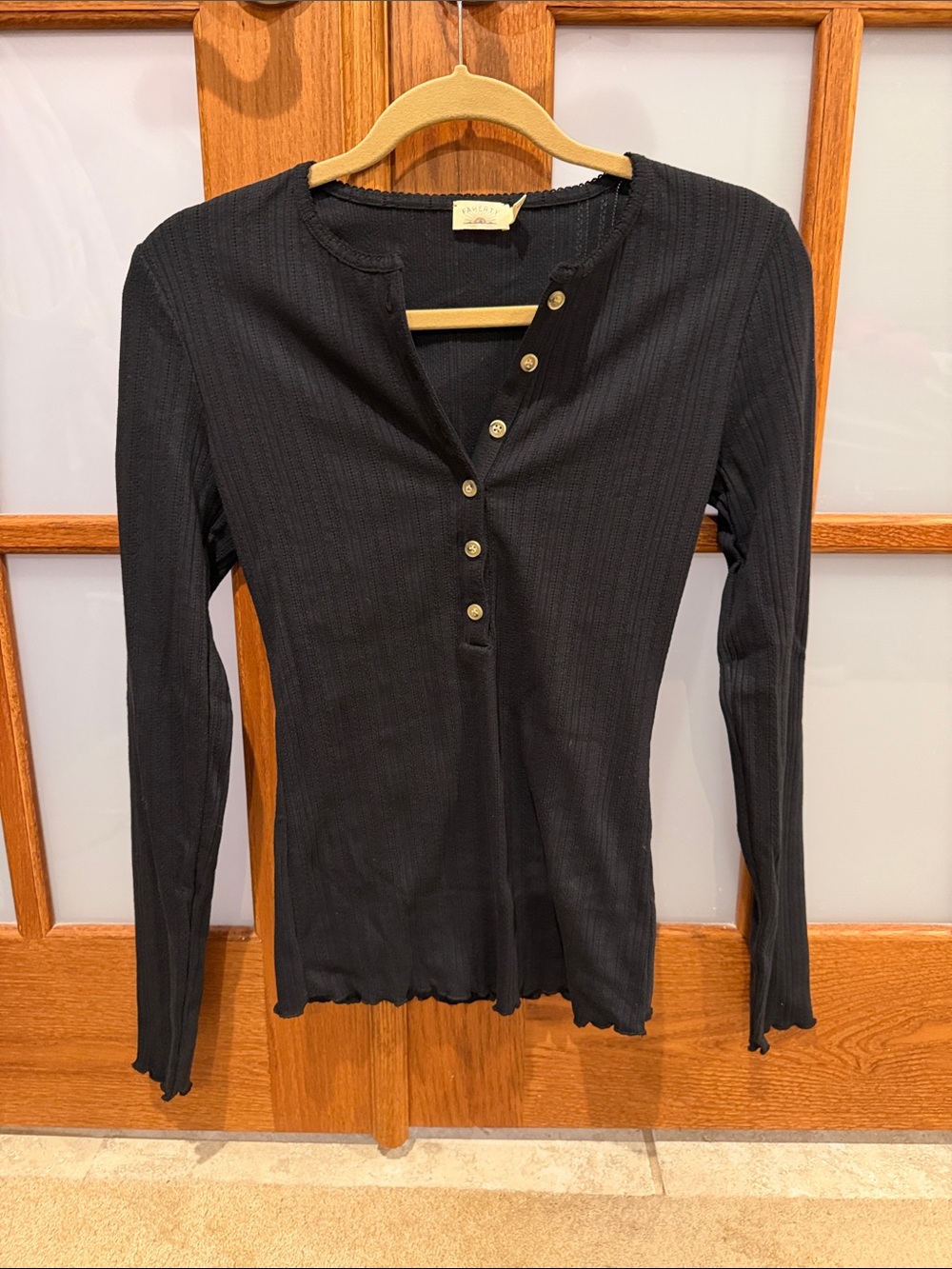 Faherty Black Ribbed Henley Long-Sleeve Top NWOT